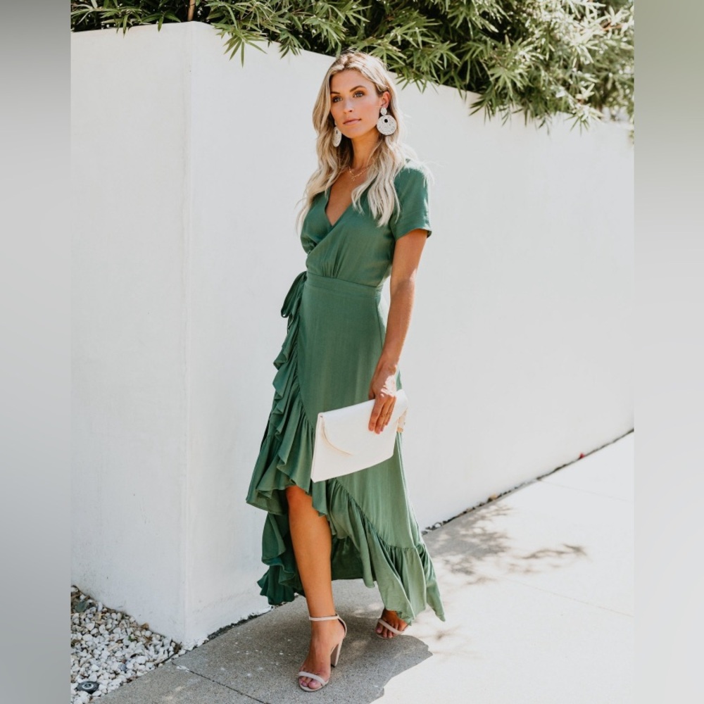 NWT Re:Named Short sleeved ruffle wrap Maxi dress Linen blend Green sz Small